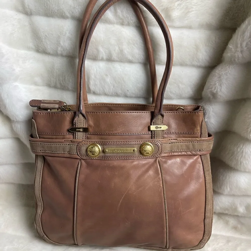 Juicy Couture leather Rose brown Satchel light brown suede trim gold tone accent
